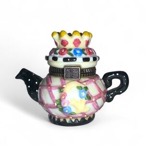 Mary Engelbreit Miniature Teapot Hinged Trinket Box - Hand Painted Porcelain VTG